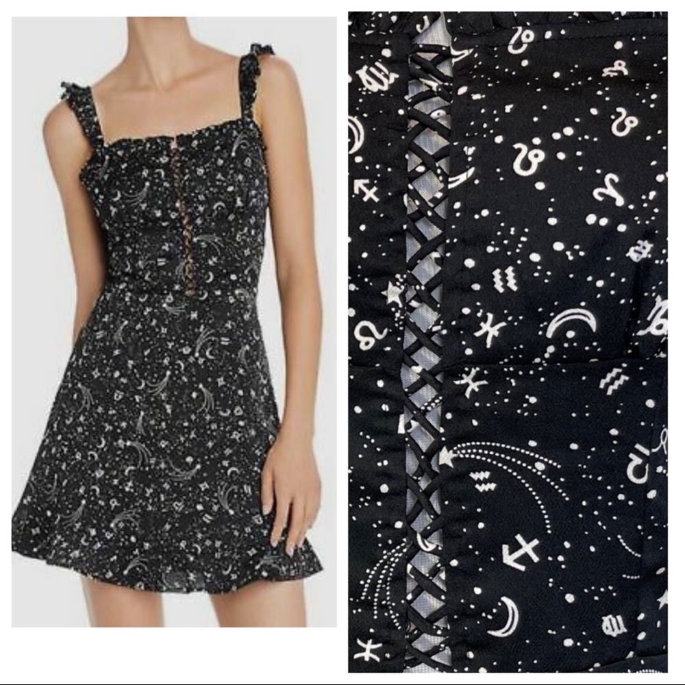 Eclipse watching! Aqua  Black White Zodiac Sign Star Print Ruffled A-Lin…